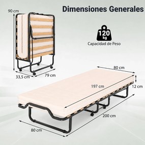 Cama Auxiliar Dobrável, 200 x 80 x 42 cm, Colchão Viscoelástico e Rodas, Preto