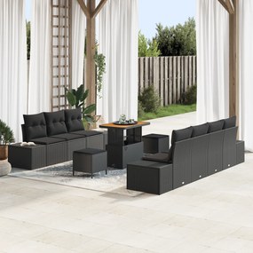 Conjunto de Sofá de Jardim de 10 peças com Almofadas Preto Rattan Acác