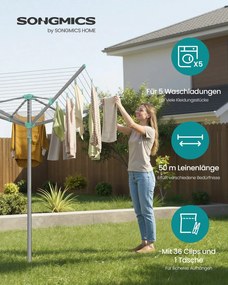 Estendal de roupa giratório 139,3 x 139,3 x 181,5 cm com capa protetora e 50 m de corda para 5 cargas de roupa Prateado