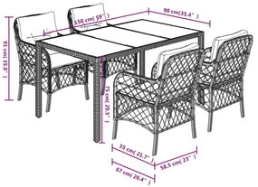 5 pcs conjunto de jantar p/ jardim c/ almofadões vime PE cinza