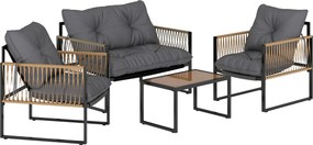 Outsunny Conjunto de Jardim Exterior de Vime Sintético com 2 Poltronas 1 Sofá de 2 Lugares 1 Mesa de Centro e Almofadas Cinzento | Aosom Portugal