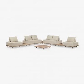 Conjunto De Sala Com Sofá Modular De Canto De 4 Peças Com Mesas Auxiliares E Mesa De Centro 95x95 Cm Em Acácia Portet Marrom Acácia Claro - Sklum
