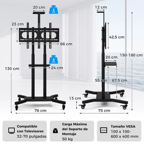 Suporte de chão móvel para televisões de 32-70” ajustável em altura com Estante para câmara 78 x 75 x 150-180 cm Preto