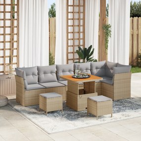 Conjunto de Sofá de Jardim de 9 Peças com Almofadas Bege Rattan Políme