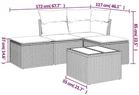 5 pcs conj. sofás jardim c/ almofadões vime PE cinzento-claro