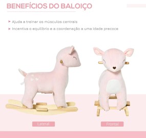 Baloiço Infantil de Cervo para Crianças acima de 3 Anos Baloiço com Sons Realistas de Pelúcia e Base de Madeira Carga 45kg 68x35,5x64cm Rosa
