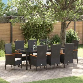 vidaXL Conjunto de Jantar de Jardim com 9 Peças e Almofadas de Rattan Sintético Pretas