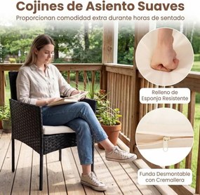 Conjunto de móveis de jardim de 3 peças em rattan com 2 cadeiras e Mesa auxiliar de vidro para terraço, pátio ou varanda Bege+Preto