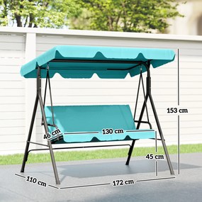 Baloiço de Jardim de 3 Lugares com Teto Ajustável e Estrutura de Aço Suporta até 240 kg 172x110x153 cm Verde Azulado