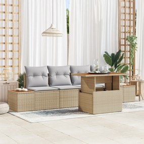Conjunto de Sofá de Jardim vidaXL 5 Peças com Almofadas Bege Rattan Poliéster
