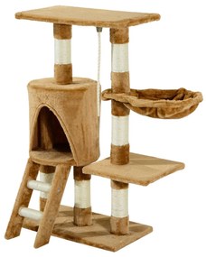 PawHut Árvore para gatos  com  Corda de Brincar Placa de Madeira e Revestido de Pêlo- Castanho - 30x55x96cm