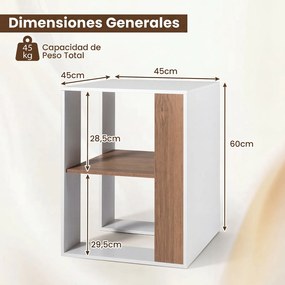 Mesa Auxiliar de 2 Níveis, 45 x 45 x 60 cm, Estante de Arrumação Aberta, Natural + Branco