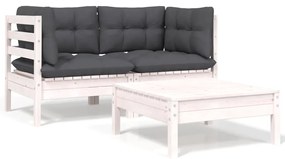 vidaXL 3 pcs conjunto lounge jardim c/ almofadões pinho maciço branco