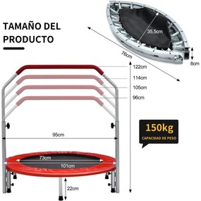 Trampolim de Fitness Interior φ101cm Mini Trampolim com Pega Ajustável em Altura Dobrável para Crianças Carga 150 kg Vermelho