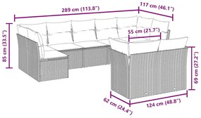 9 pcs conjunto sofás p/ jardim c/ almofadões vime PE castanho
