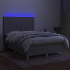 Cama box spring c/ colchão e LED 140x190 cm tecido cinza-claro