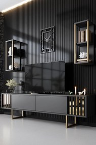 Móvel de TV "Gold" com 2 Prateleiras de Parede – Antracite e Dourado -