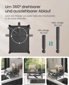 Escorredor louça giratório 31 x 42 x 18,5 cm com tabuleiro e suporte para talheres cinza antracite