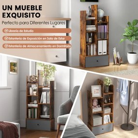 Estante de 7 níveis com gaveta e 7 compartimentos Estante de madeira para sala de estar Quarto 53 x 24 x 118 cm Castanho