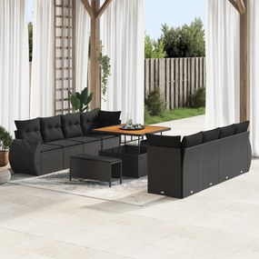 Conjunto de Sofá de Jardim vidaXL com Almofadas Preto Poli Rattan Acác
