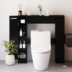 Estante sobre sanita 89 x 19,5 x 99 cm de casa de banho com prateleiras ajustáveis com suporte para papel higiênico Porta basculante Preto
