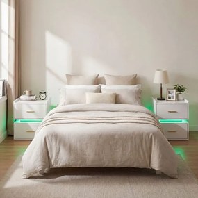 Mesa de cabeceira com base de carregamento LED, 2 gavetas, arrumação semi-suspensa e base metálica 45 x 40 x 48 cm Branca