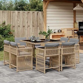 vidaXL 9 pcs conj. jantar jardim c/ almofadões vime PE bege misturado