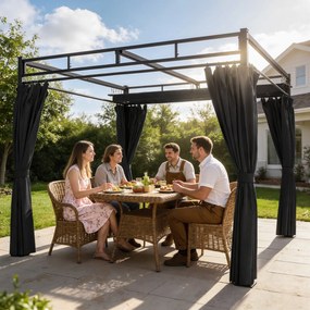 Pérgola de Jardim 295x295x221 cm com Teto Retrátil e Cortinas UPF30+ Estrutura Metálica Pérgola para Exterior Cinzento Escuro