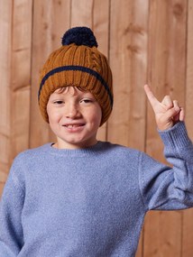 Conjunto tricotado gorro + gola snood + luvas/mitenes, para menino   ocre