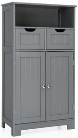 Armário de casa de banho com prateleira aberta 2 portas e 2 gavetas para sala de estar Casa de banho 60 x 30 x 109 cm Cinzento