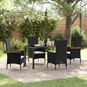 vidaXL Conjunto de Jantar de Jardim de 5 Peças com Almofadas Preto Vime Polímero