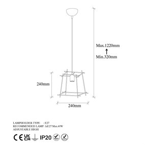 Candeeiro Suspenso Coman – Preto Antique – 24 x 24 x 32-122 cm