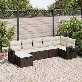 7 pcs conjunto de sofás jardim c/ almofadões vime PE castanho