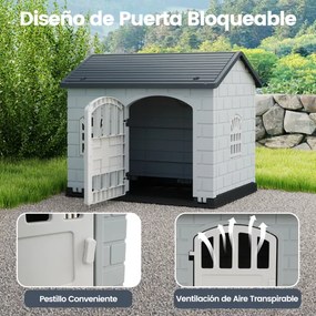 Casota de plástico para cães com 3 janelas e porta com fechadura, telhado inclinado, para interior e exterior, 75 x 58 x 65 cm, Cinzento