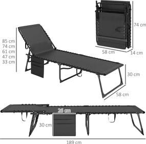 Espreguiçadeira dobrável com almofada para a cabeça, bolso lateral e encosto reclinável, 58 x 189 x 32,5 cm, preta