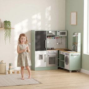 Cozinha infantil de brincar 160 x 32 x 97,5 cm, micro-ondas, forno, tabuleiro giratório com Rodas, verde claro