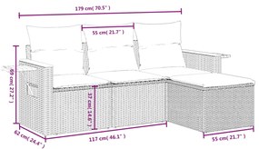 4 pcs conjunto sofás de jardim c/ almofadões vime PE cinzento