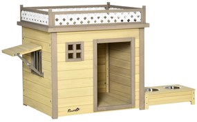 Casa para Cães de Madeira Casa para Cães Pequenos com 2 Janelas 2 Tigelas de Aço Inoxidável e Espaço de Cultivo para Interior e Exterior 105x65x80cm N