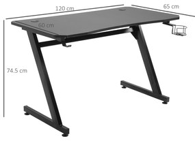 Secretária tipo gaming mesa de escritório com suporte para copos gancho e pés ajustáveis ​​120x65x74,5 cm preto