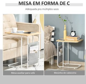 Mesa Auxiliar de Sofá em Forma de C com Bolsa de Armazenamento Removível Mesa Lateral para Sala de Estar Dormitório Escritório 37x48x55,8cm Carvalho e