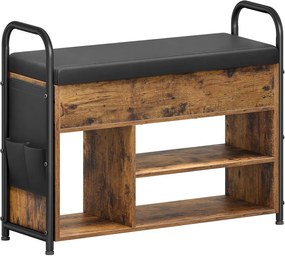 Banco de sapatos VASAGLE, sapateira, móvel para entrada, compartimento interno sob a tampa, bolsos de PU, alças práticas, para entrada, sala de estar, quarto, marrom rústico e preto-escuro ULSB052K01