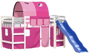 Cama alta para criança com túnel 90x200 cm pinho maciço rosa