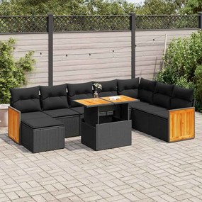 9 pcs conjunto sofás p/ jardim almofadões vime PE/acácia preto