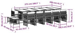 15 pcs conjunto de jantar p/ jardim com almofadões vime PE bege