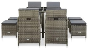9 pcs conjunto jantar exterior c/ almofadões vime PE cinzento