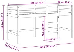 Cama alta p/ criança c/ escada 90x200 cm pinho maciço preto