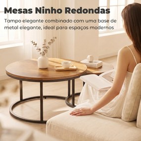 Conjunto de 2 Mesas de Centro Redondas Ninho Industriais com Estrutura Metálica para Sala ou Quarto Castanho