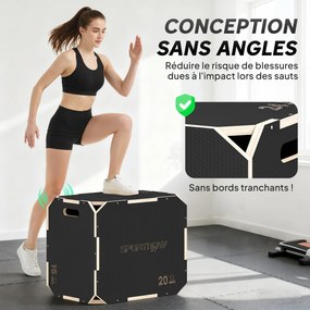 Caixa pliométrica 3 em 1 em madeira para treino de saltos, antiderrapante e sem cantos, preta
