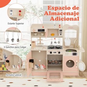 Cozinha de brincar em madeira para crianças 100 x 29,5 x 94 cm com luz, som e vários acessórios, forno micro-ondas e torneira para maiores de 3 anos R