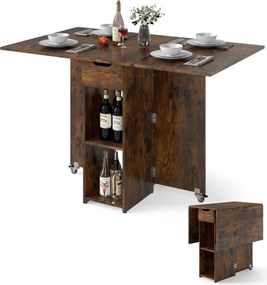 Mesa de jantar extensível 120 x 72 x 75 cm com 2 rodas; mesa de cozinha dobrável com prateleira, gaveta de 2 compartimentos e abas rebatíveis Castanha